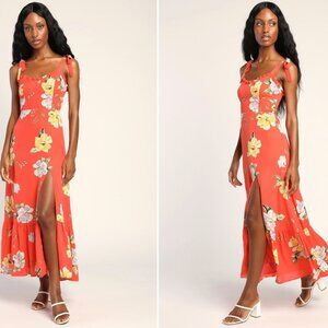 Lulu's - Forever Floral Orange Floral Print Tie-Strap Slit Maxi Dress - S